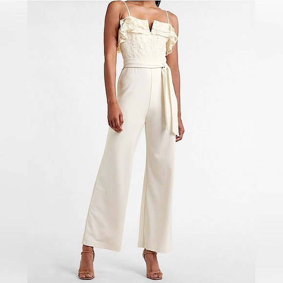 Express Ruffle Lace Bodice Belted Wide Leg Jumpsuit in Swan